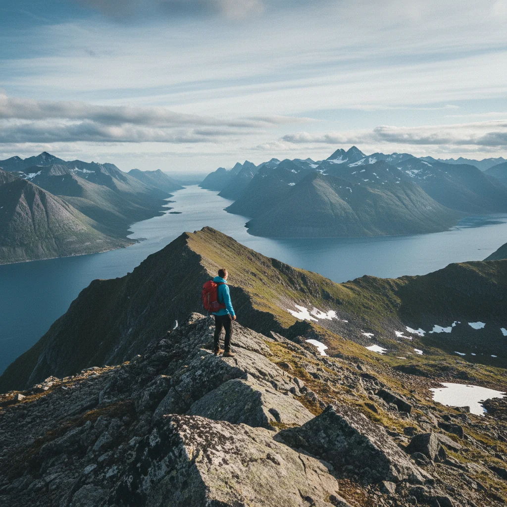 Wanderer auf einem Berggrat auf Austvågøy mit Blick auf die Lofoten