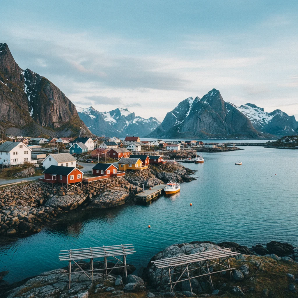 Henningsvær auf den Lofoten mit bunten Häusern auf Felsinseln
