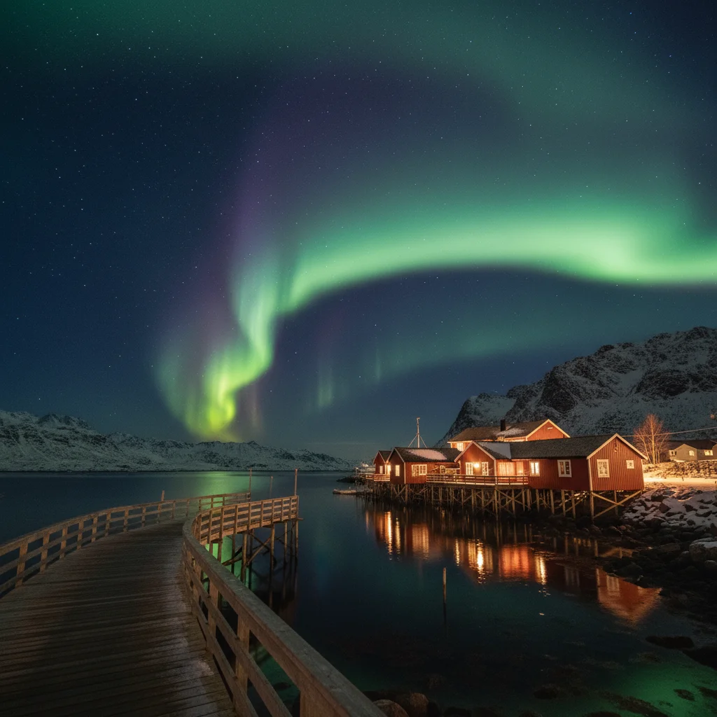 Beleuchtete Rorbuer in Svolvær bei Nacht mit Nordlicht