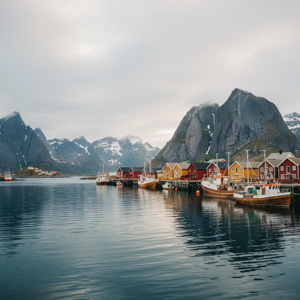 Der Hafen von Svolvær mit bunten Rorbuer und Fischerbooten