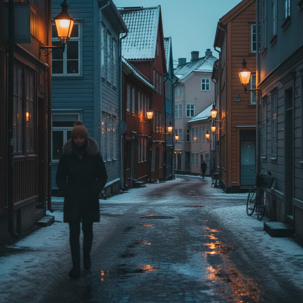 Dunkle Straße in einer skandinavischen Stadt im Winter mit Straßenbeleuchtung