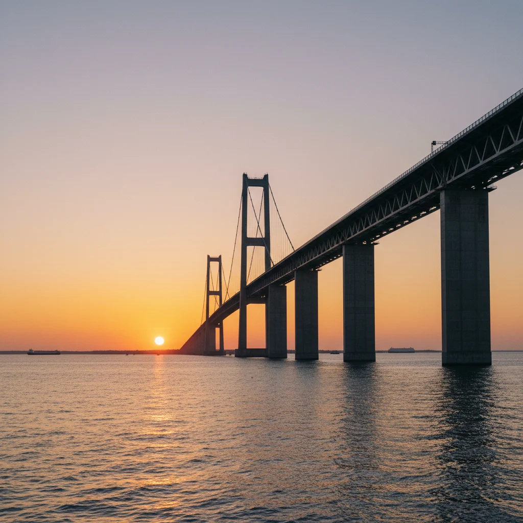 Storebælt-Brücke über den Großen Belt bei Sonnenuntergang