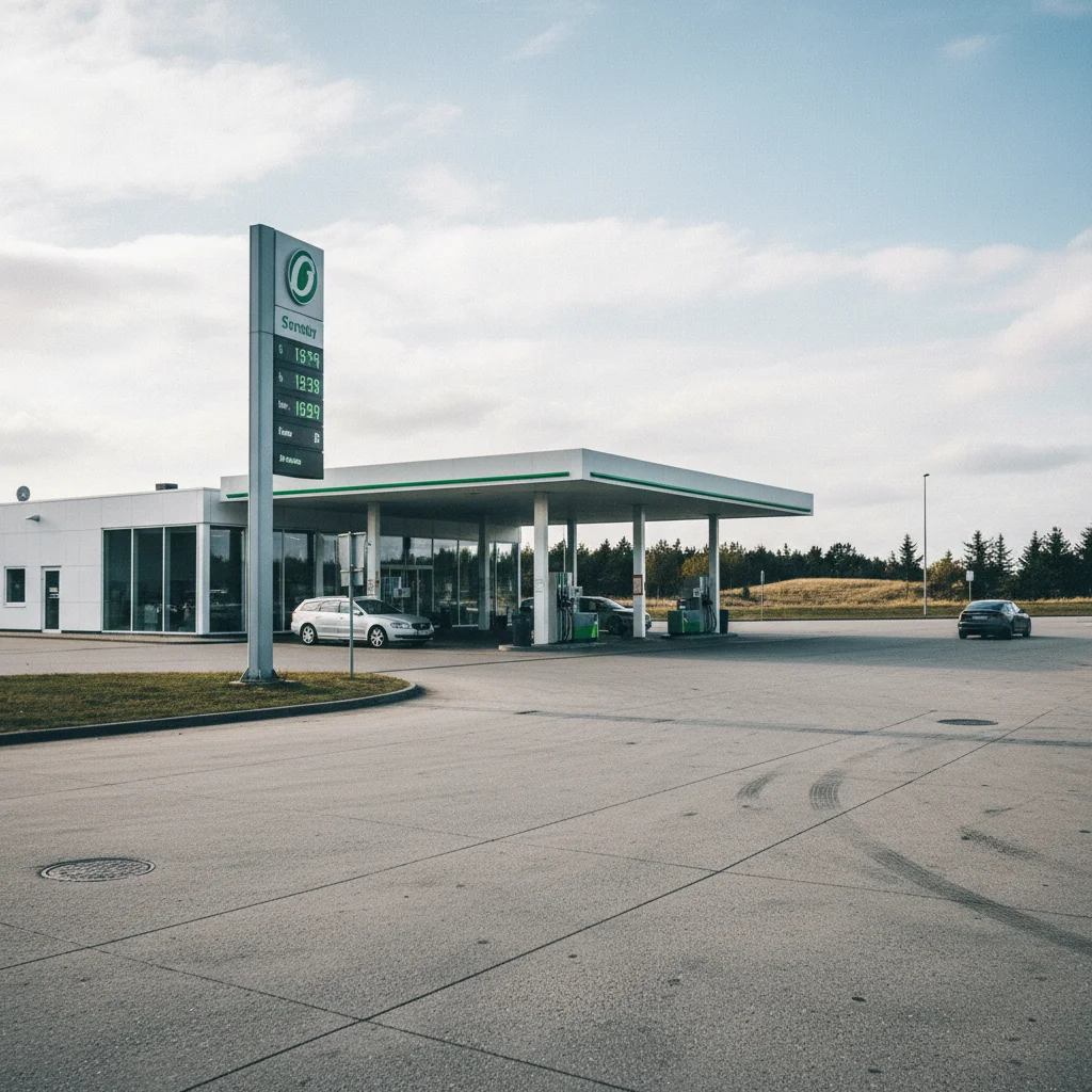 Moderne Tankstelle in Dänemark mit Preisanzeige