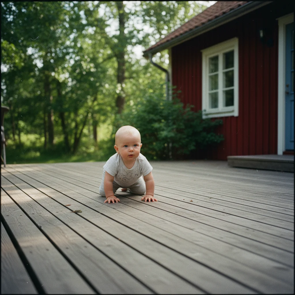 Baby krabbelt auf einer Holzterrasse vor einem roten schwedischen Ferienhaus im Grünen