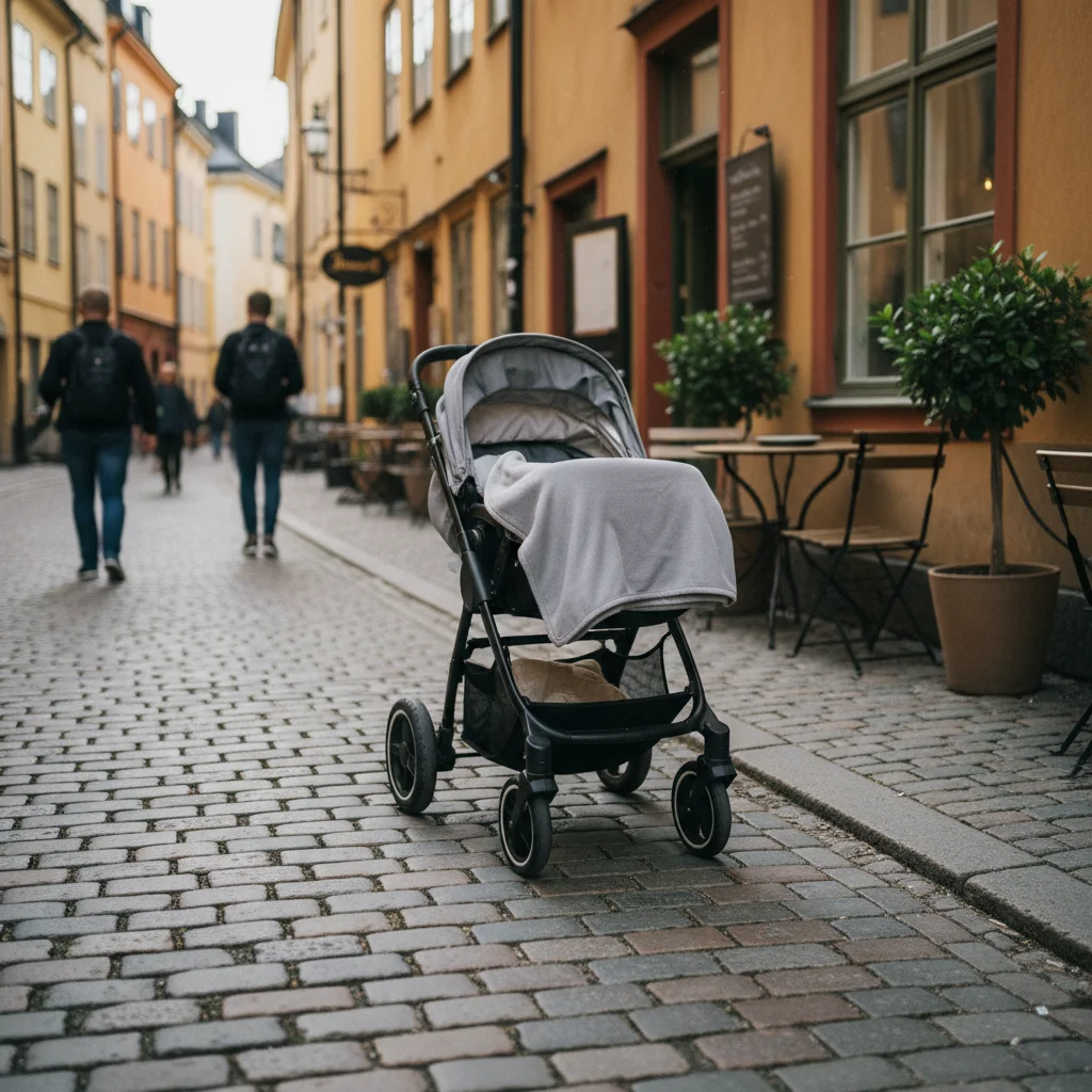 Kinderwagen vor einem Cafe in Stockholms Altstadt Gamla Stan mit Kopfsteinpflaster