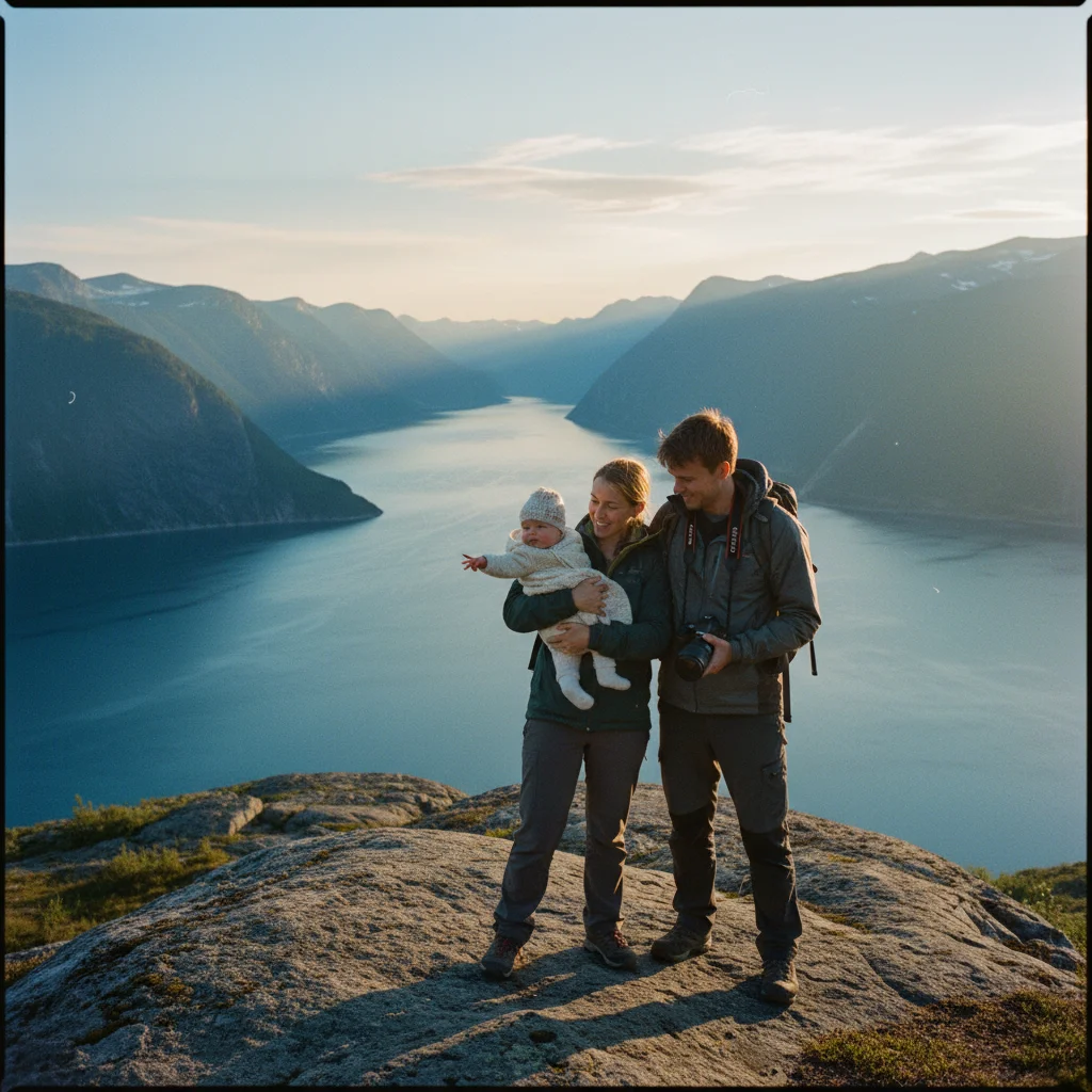 Familie mit Baby am Ufer eines norwegischen Fjords bei Sonnenschein
