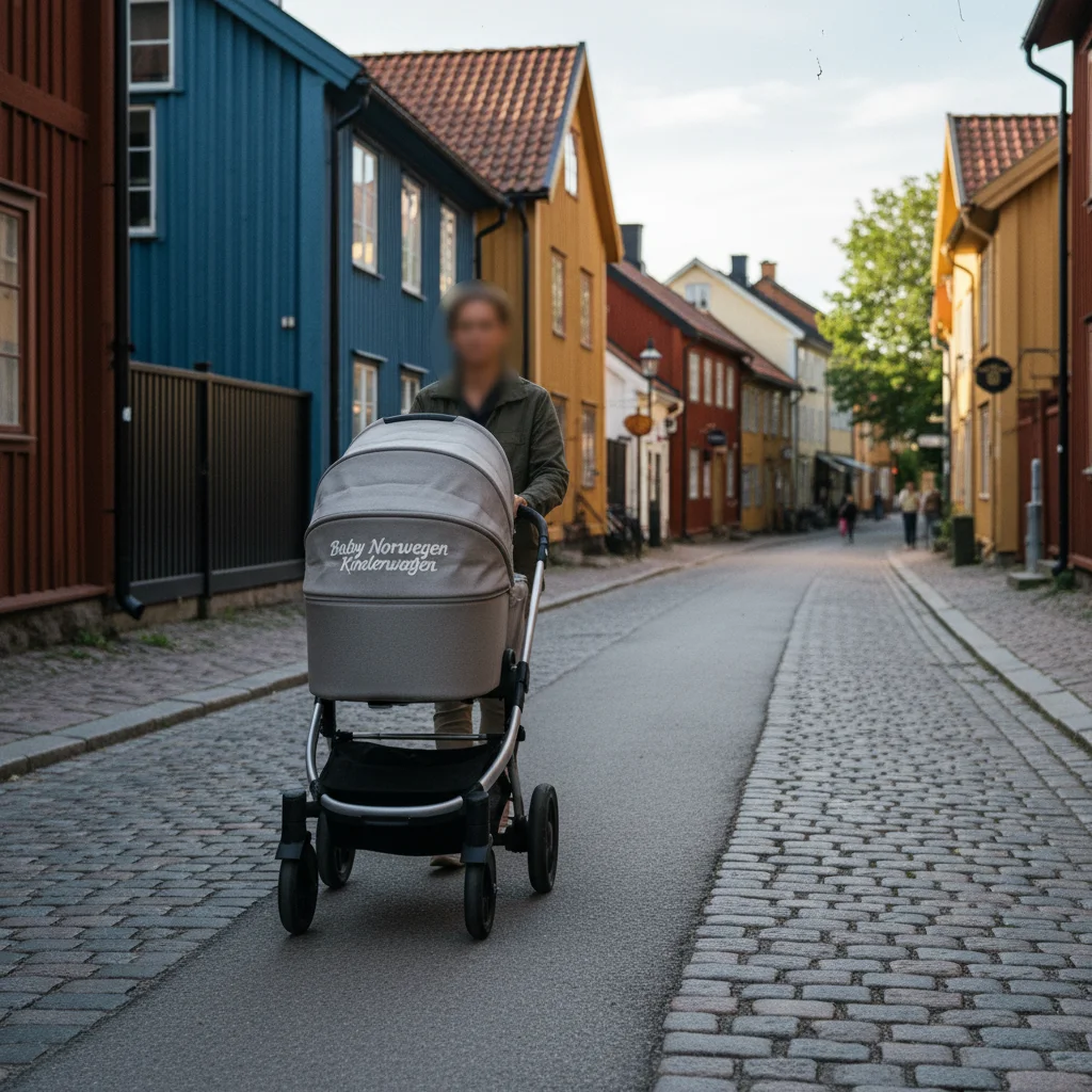 Baby im Kinderwagen auf einem Spazierweg entlang eines norwegischen Fjords