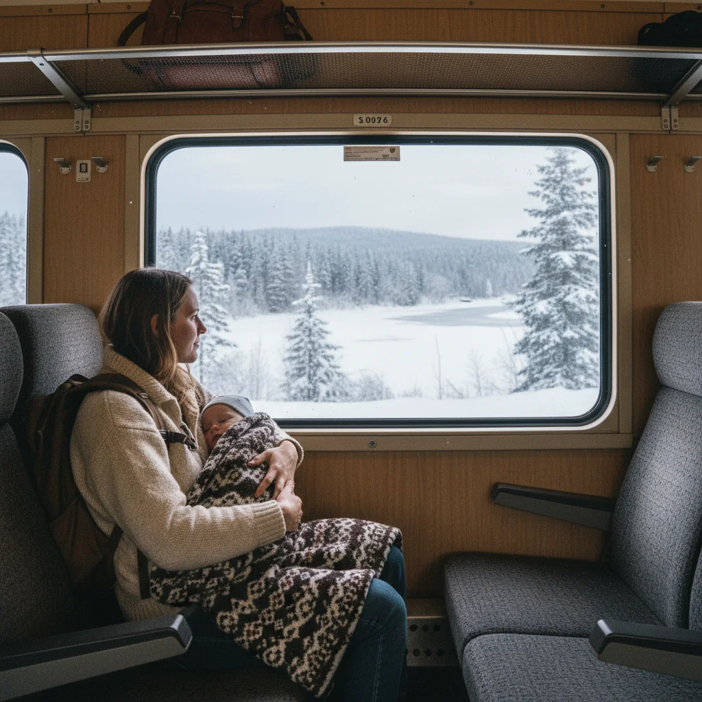 Mutter mit Baby im norwegischen Zug mit Blick auf die Landschaft