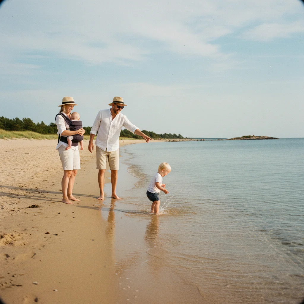 Junge Familie mit Baby am schwedischen Sandstrand, das Kleinkind spielt im flachen Wasser