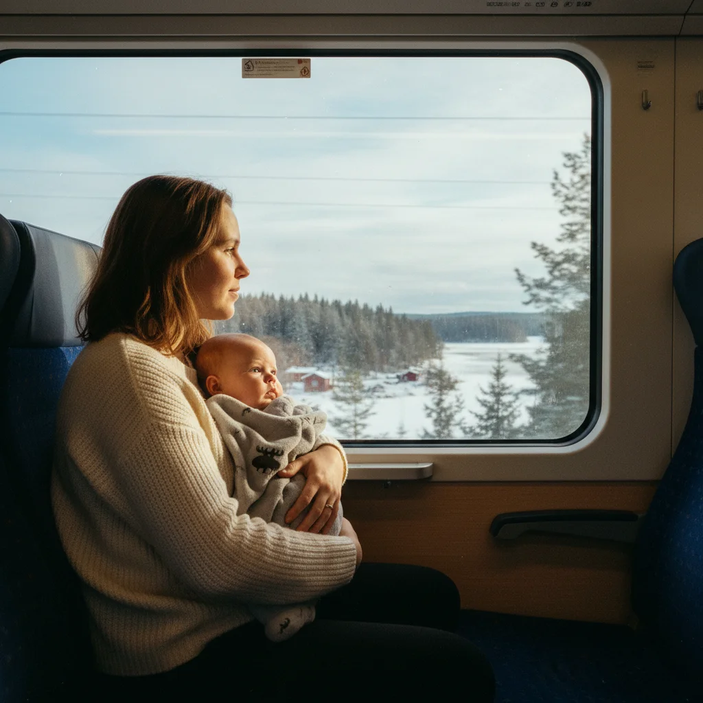 Mutter mit Baby im schwedischen SJ-Zug, das Kind schaut aus dem Fenster auf die vorbeiziehende Landschaft