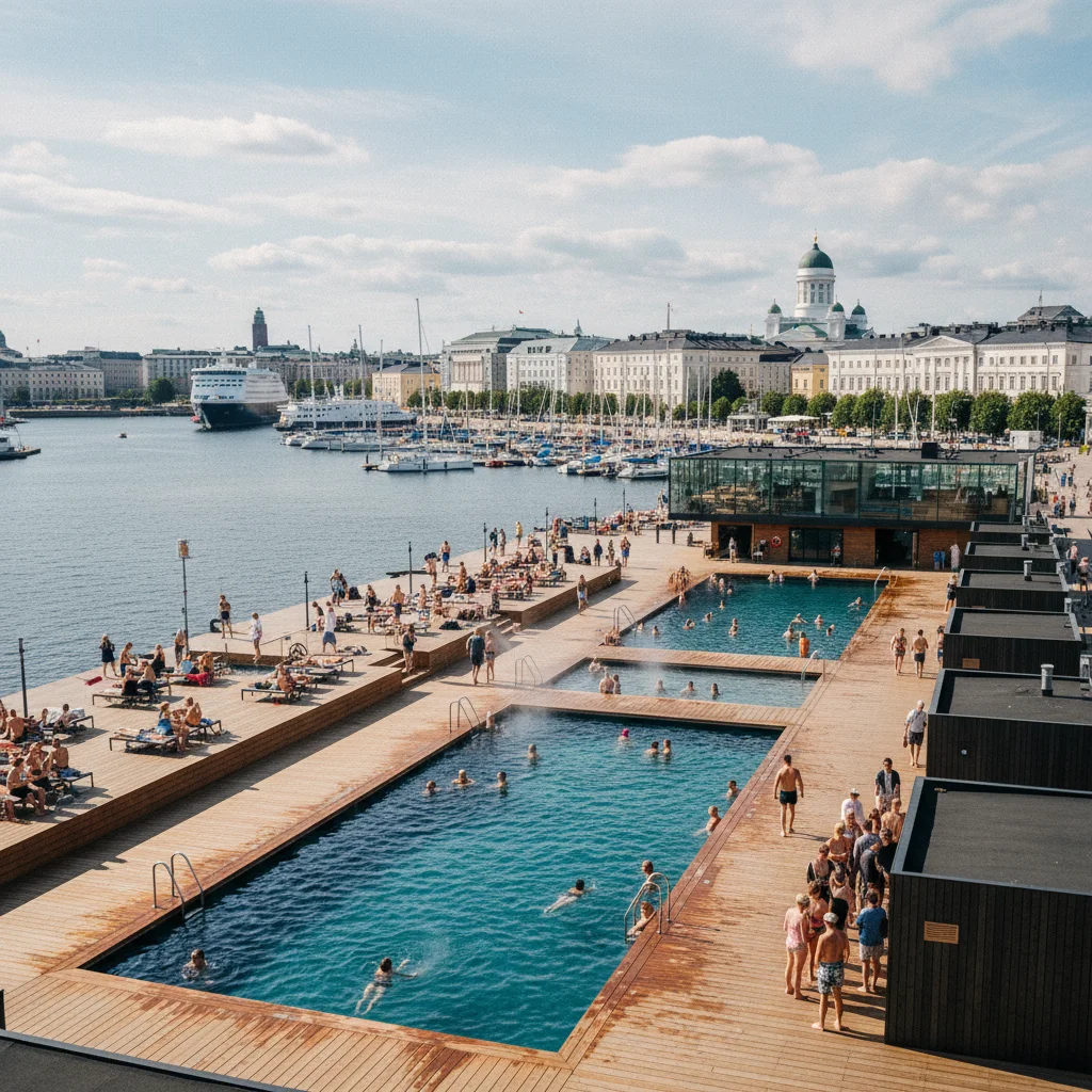 Allas Sea Pool in Helsinki mit Badegästen und Stadtpanorama