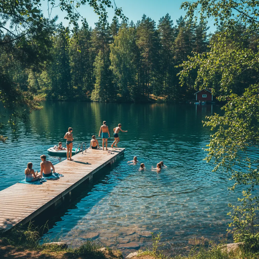 Klarer schwedischer Waldsee mit Holzsteg und badenden Menschen im Sommer