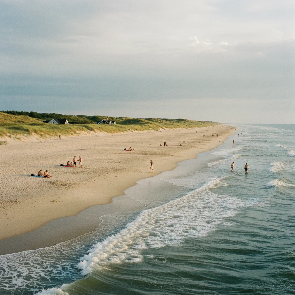 Breiter Sandstrand an der dänischen Nordseeküste mit Dünen und Badegästen