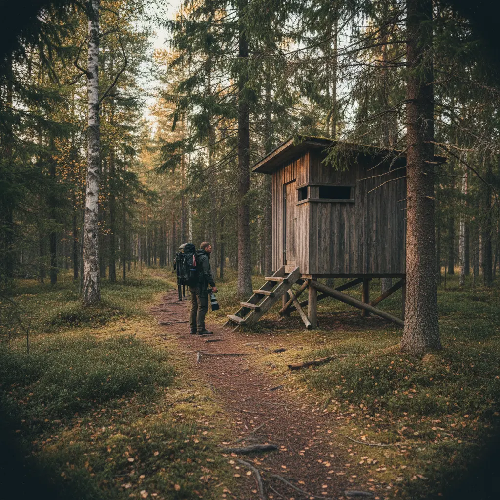 Beobachtungshide im schwedischen Wald für Bärenbeobachtung, eine kleine Holzhütte mit Sichtschlitzen