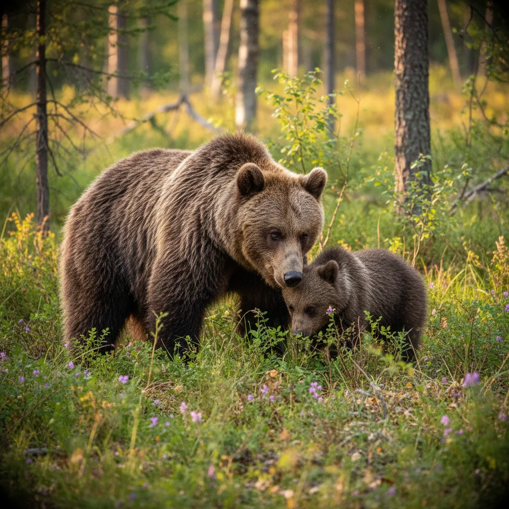 Braunbärin mit einem Jungtier auf einer Waldlichtung im schwedischen Sommer