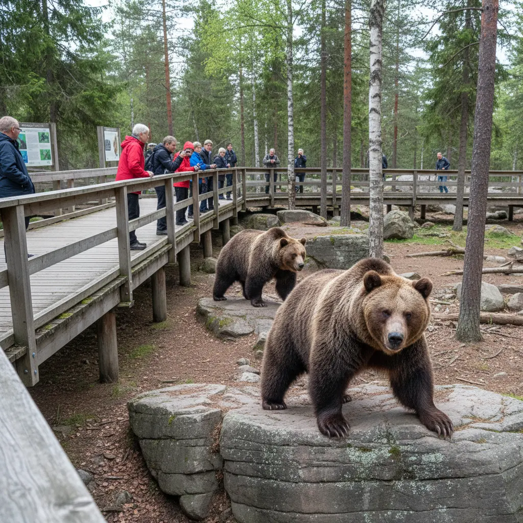 Braunbären im Orsa Grönklitt Björnpark in einem naturnahen Gehege mit Felsen und Wald