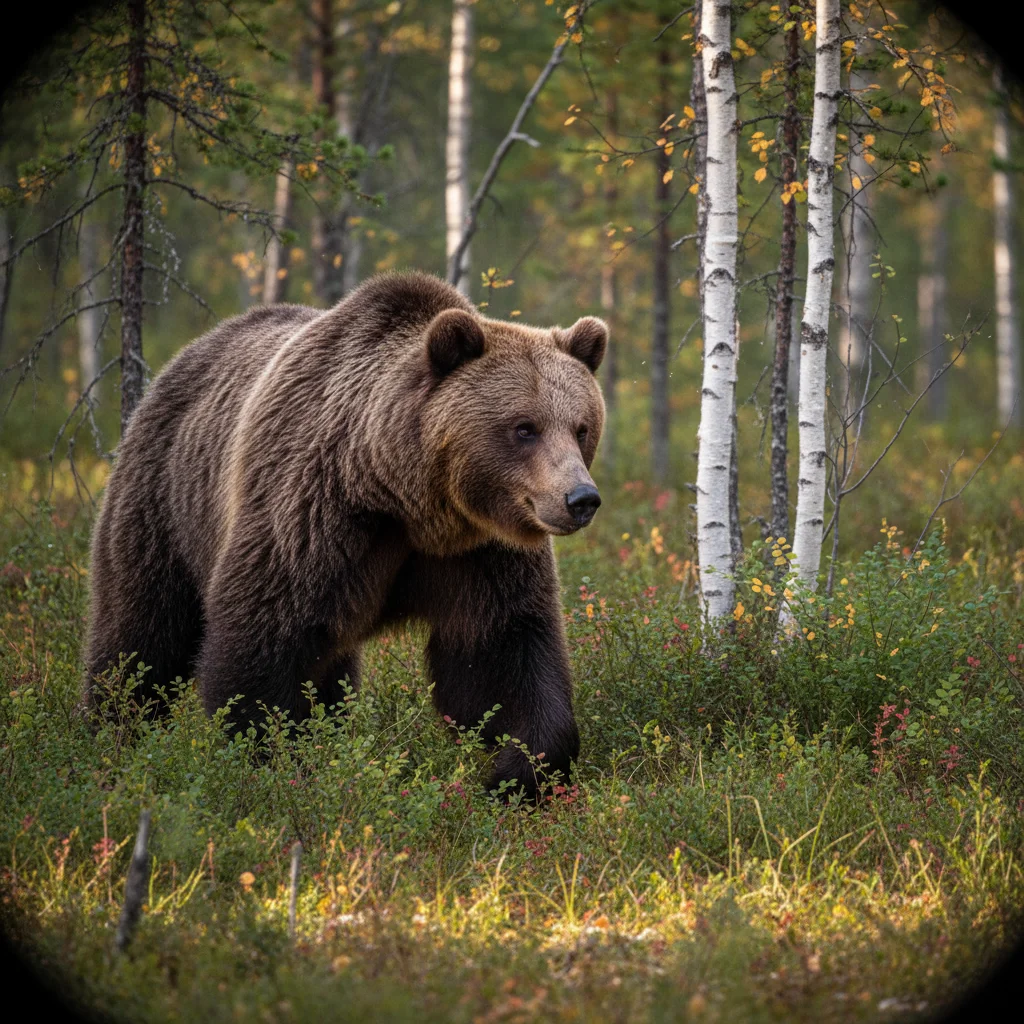 Ausgewachsener Braunbär zwischen Fichten und Blaubeerbüschen im schwedischen Nadelwald