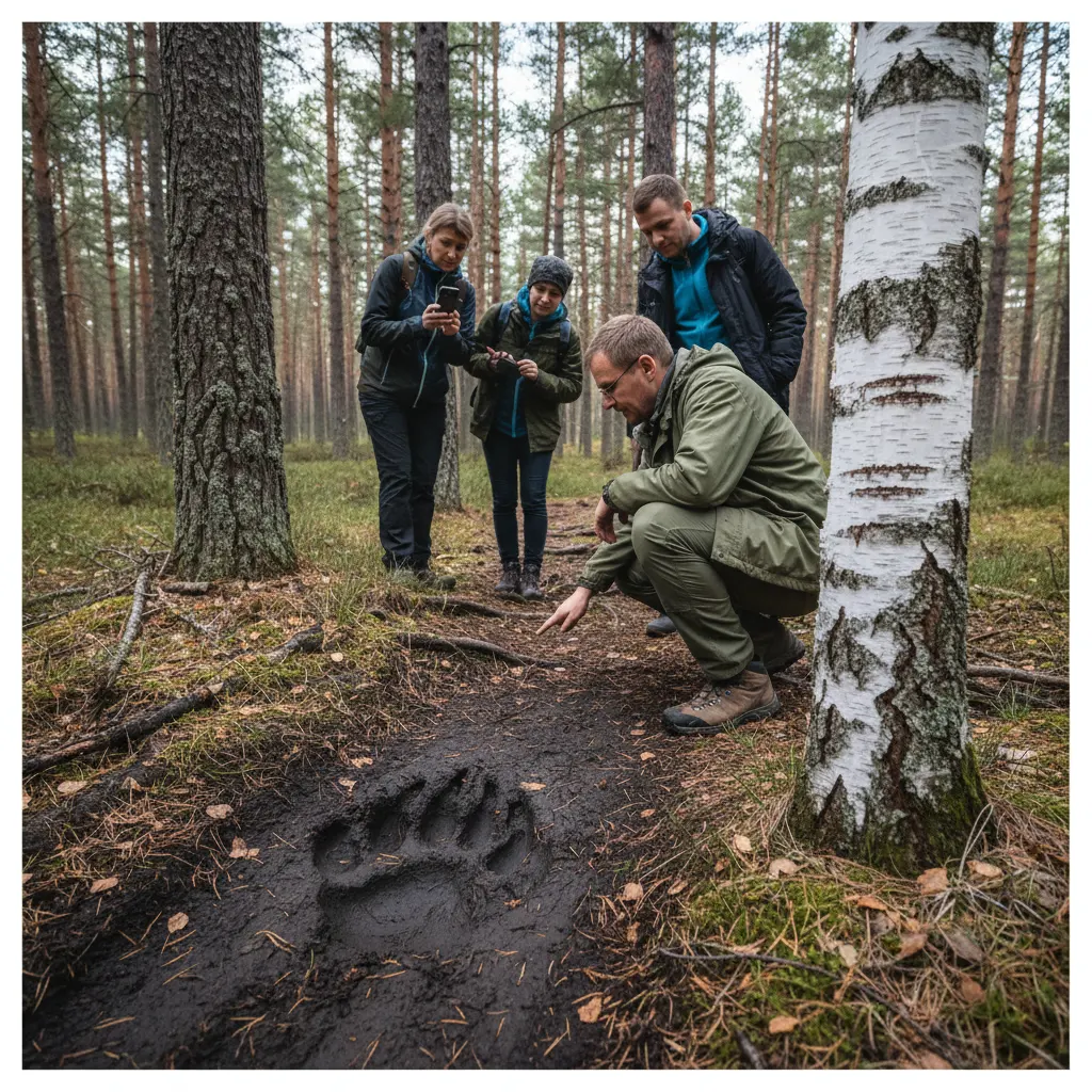 Bärenspuren im weichen Waldboden eines schwedischen Nadelwalds, daneben eine Hand zum Größenvergleich