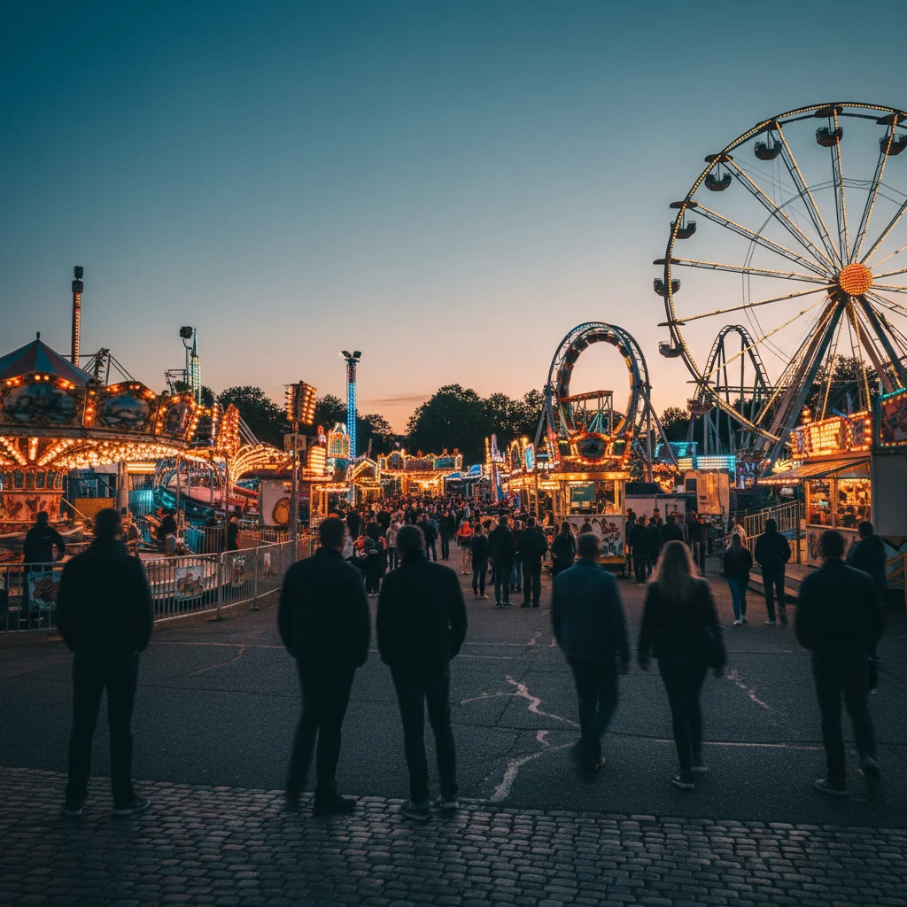 Bakken Freizeitpark am Abend mit beleuchteten Fahrgeschäften und Besuchern