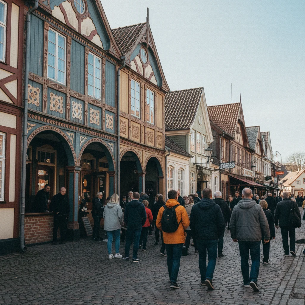 Eingangsbereich des Freizeitparks Bakken mit historischen Fassaden und Besuchern