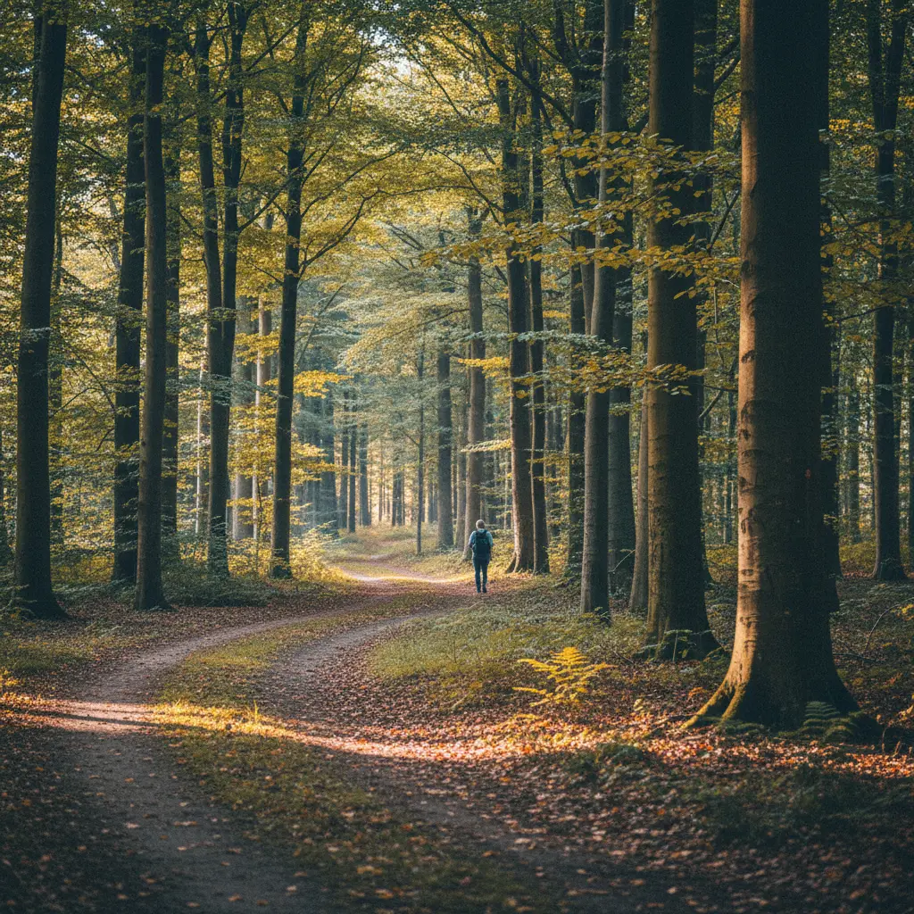 Blick durch den Buchenwald des Dyrehaven mit Sonnenlicht zwischen den Bäumen