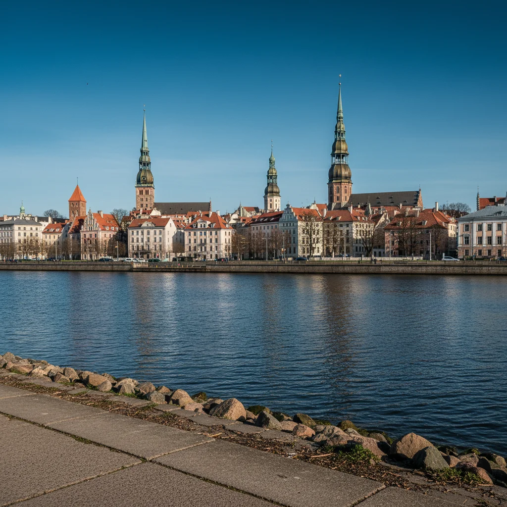 Panoramablick auf die Altstadt von Riga vom Ufer der Daugava