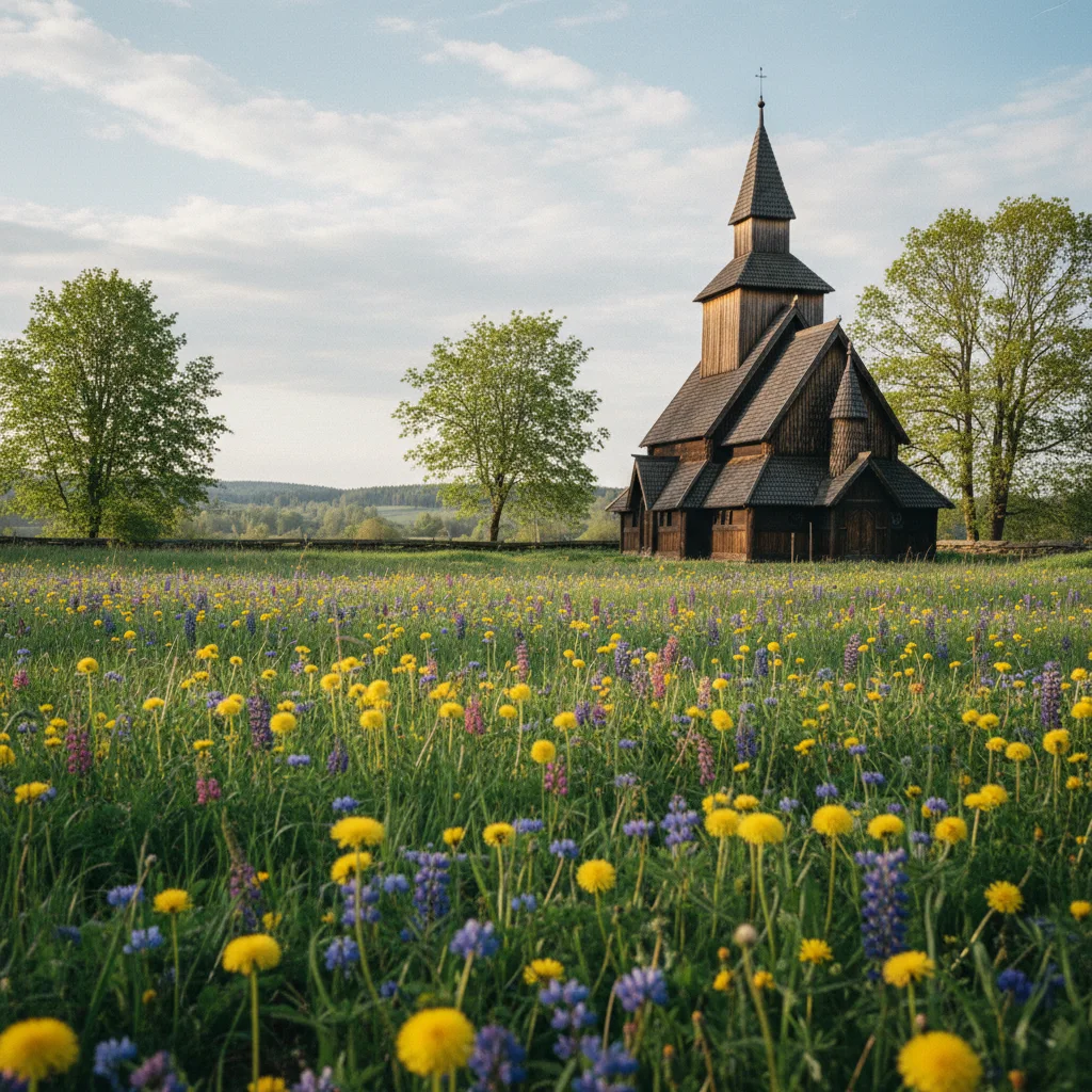 Blühende Wiese in Lettland im Frühling mit Blick auf eine Holzkirche