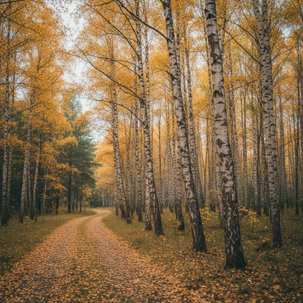 Herbstlich gefärbter Birkenwald in Estland mit goldenen Blättern