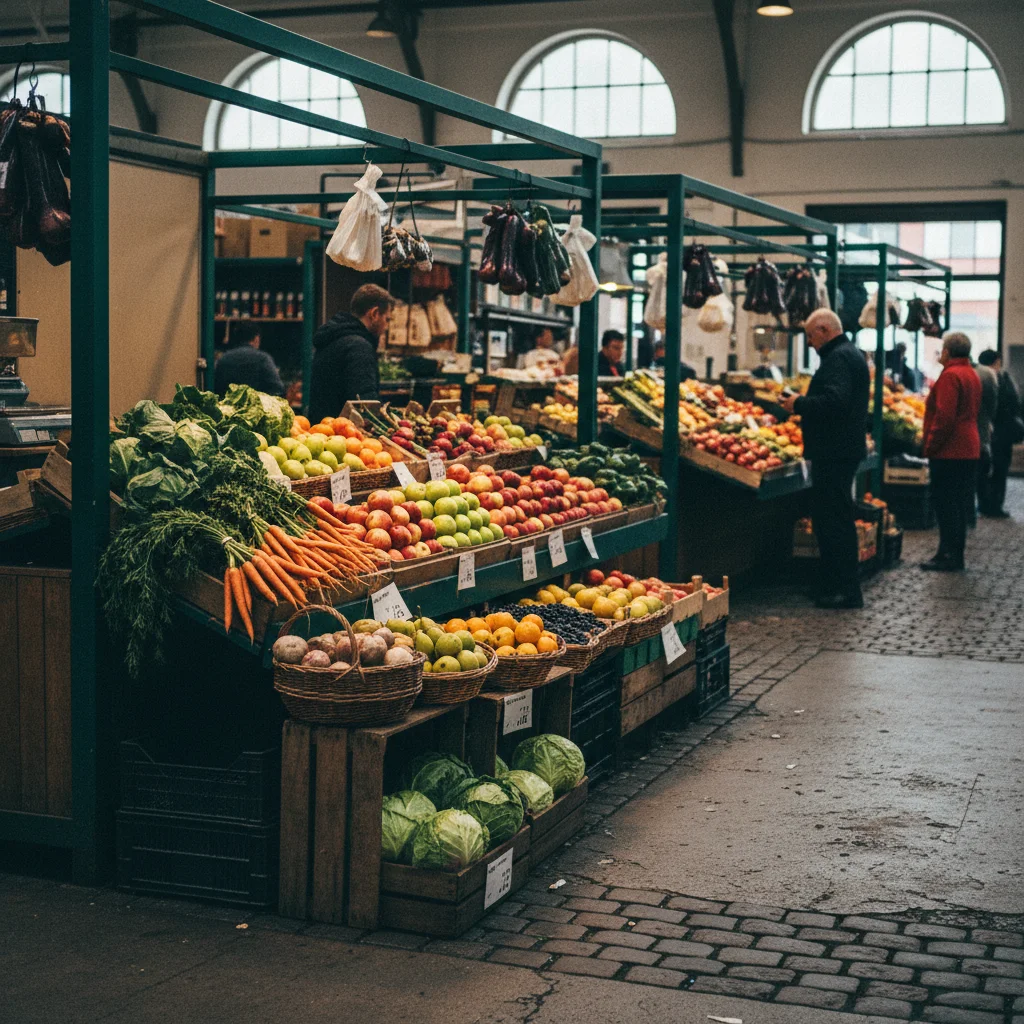 Marktstand mit frischem Gemüse und Obst in einer baltischen Markthalle