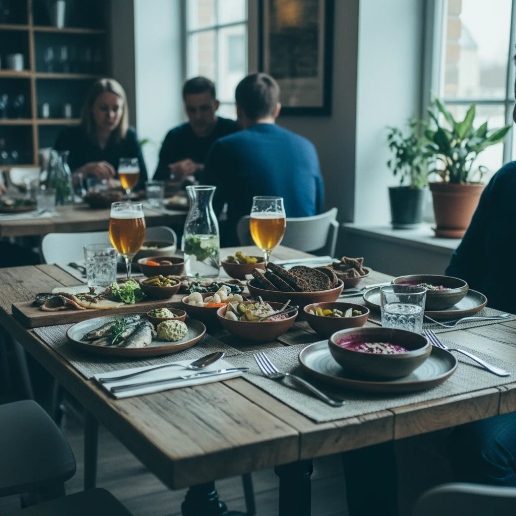 Gedeckter Tisch in einem baltischen Restaurant mit lokalen Gerichten