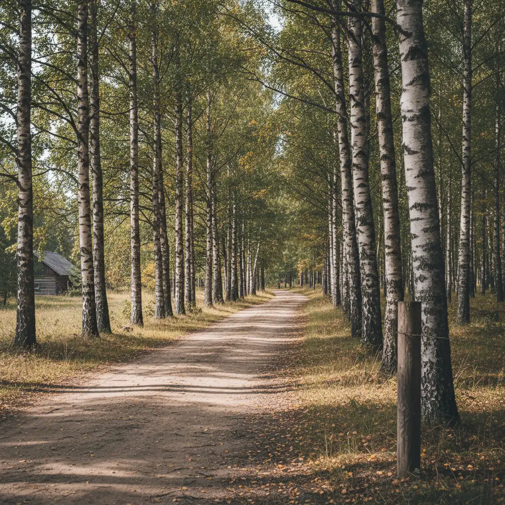 Landstraße durch Birkenwald im Baltikum