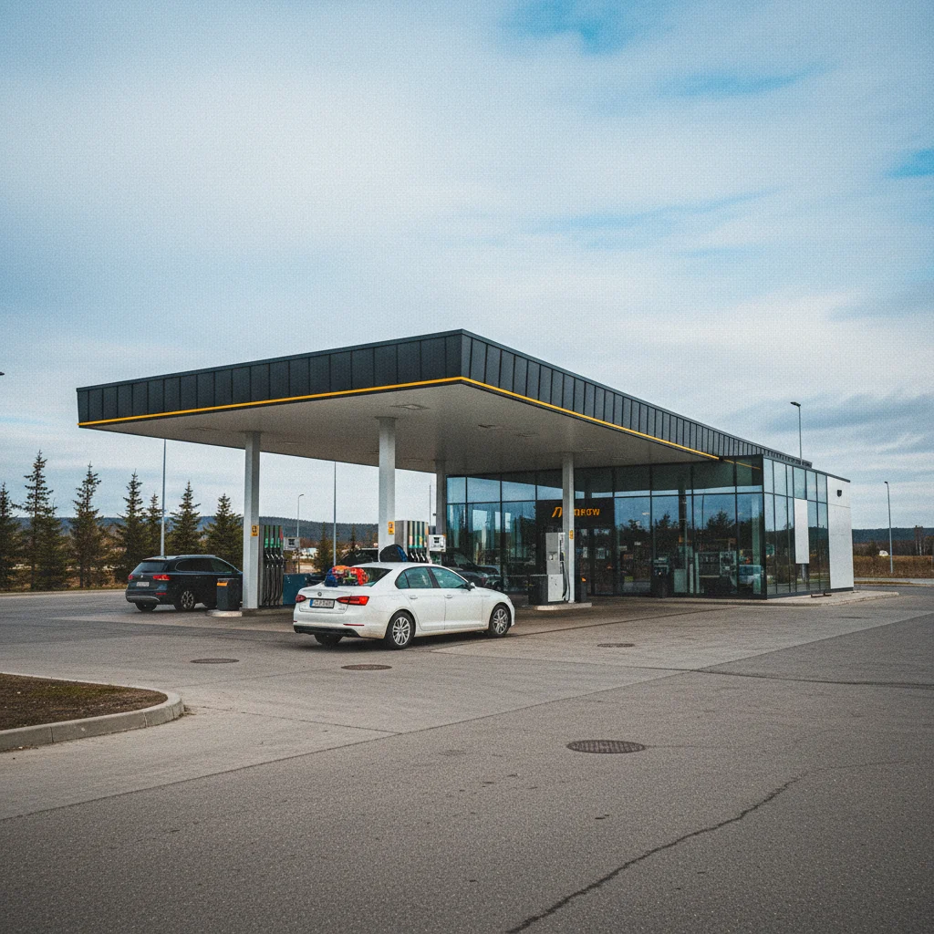 Moderne Tankstelle im Baltikum mit Mietwagen auf dem Vorplatz