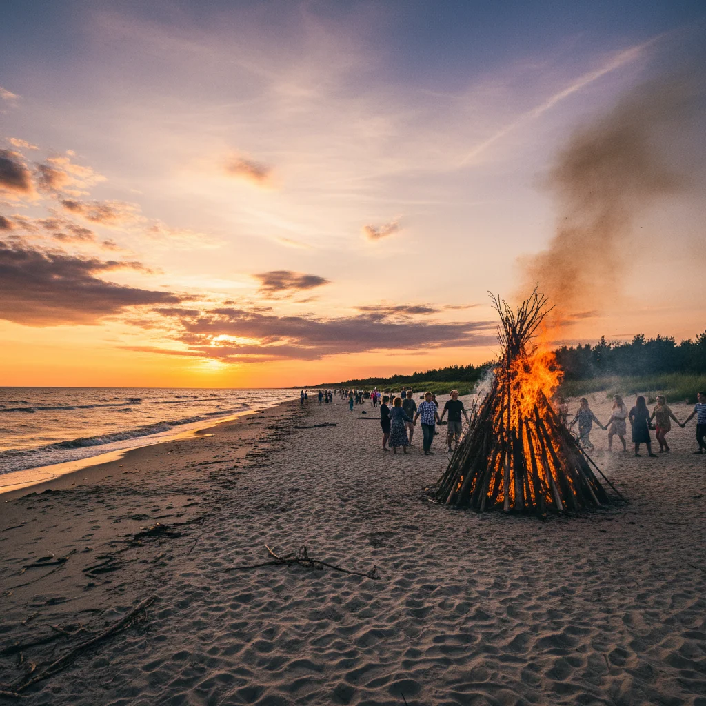 Mittsommerfeuer am Strand in Lettland bei Sonnenuntergang