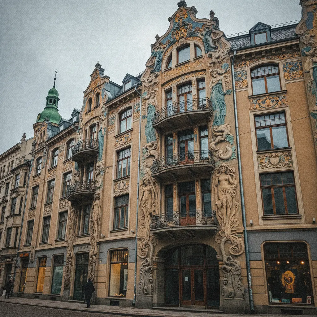 Jugendstil-Fassade in Riga mit Figuren und Ornamenten