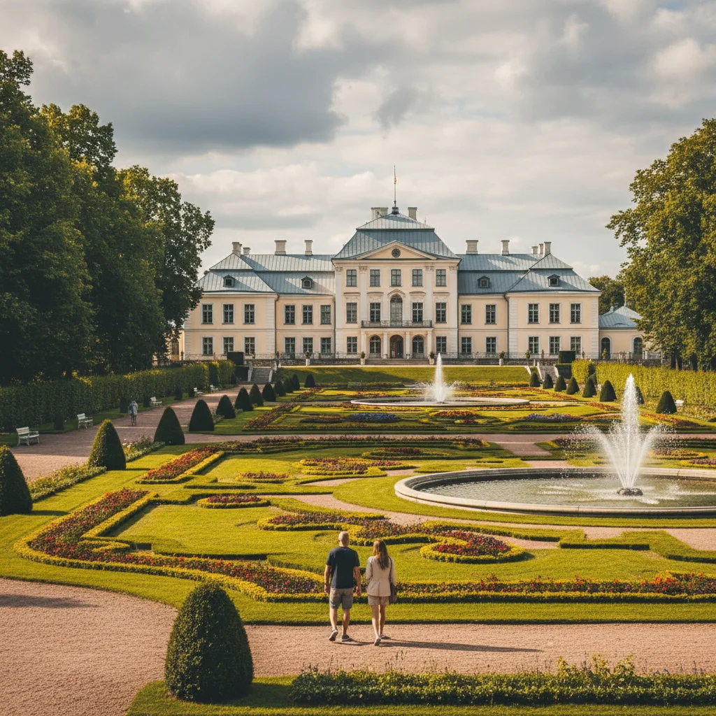 Rundalė-Schloss in Lettland mit dem Barockgarten im Vordergrund