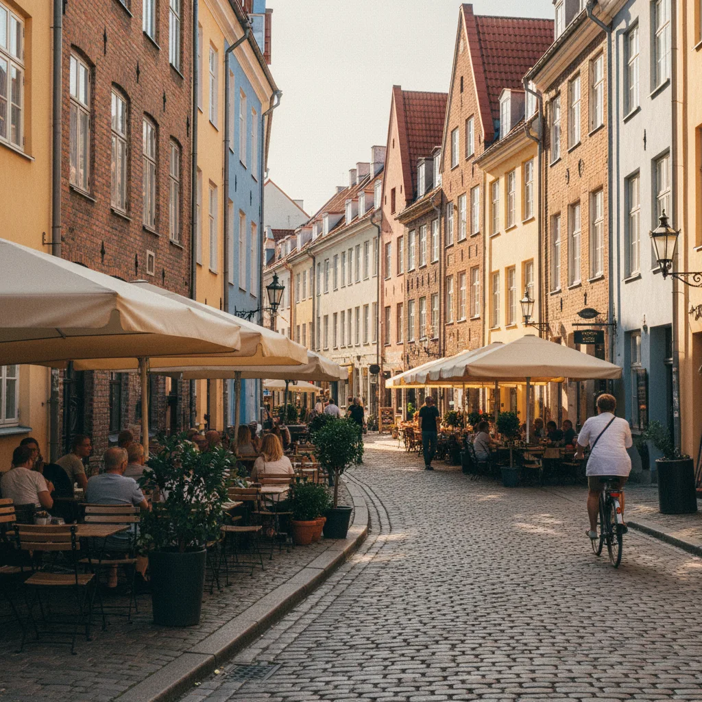 Sommerliche Altstadtszene in einer baltischen Stadt mit Straßencafés und Sonnenlicht