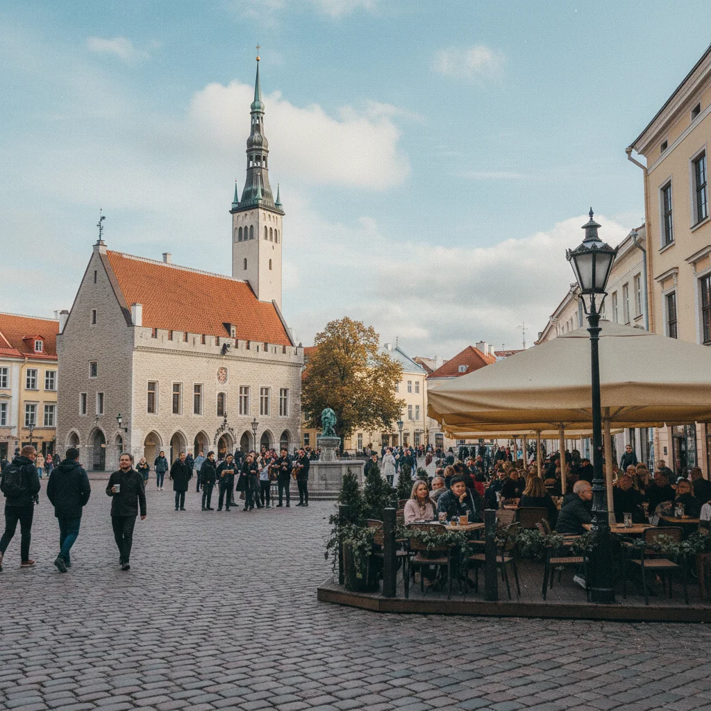 Der mittelalterliche Rathausplatz von Tallinn mit gotischem Rathaus und Straßencafés