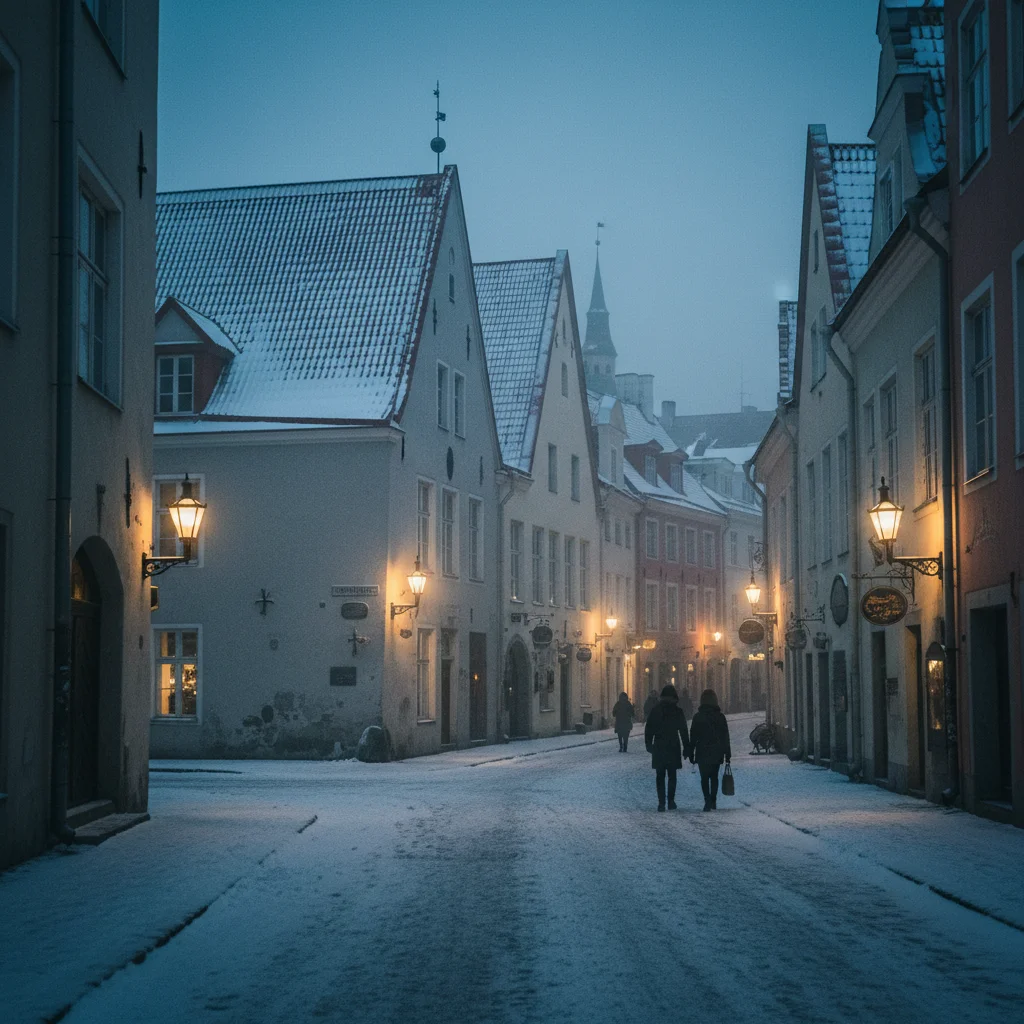 Verschneite Altstadt von Tallinn im Winter mit beleuchteten Gassen