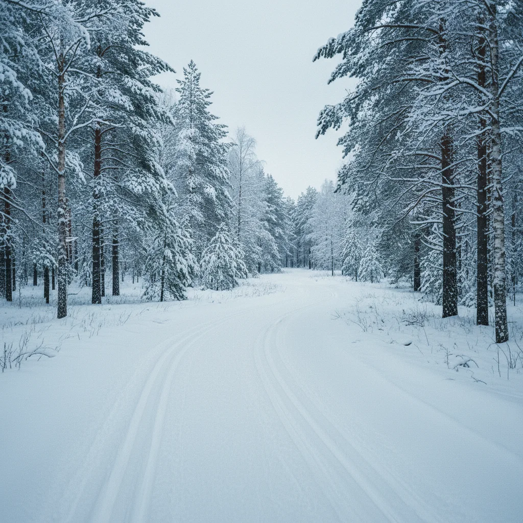 Verschneiter Wald im baltischen Winter mit Langlaufloipe