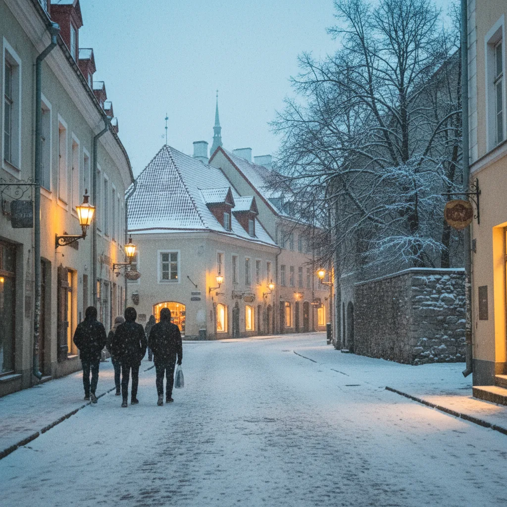 Verschneite Altstadt von Tallinn im Winter mit beleuchteten Gassen