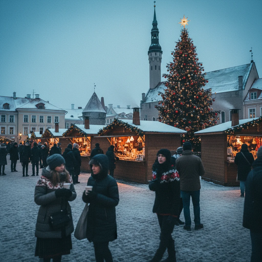 Weihnachtsmarkt auf dem Rathausplatz in Tallinn mit geschmücktem Tannenbaum