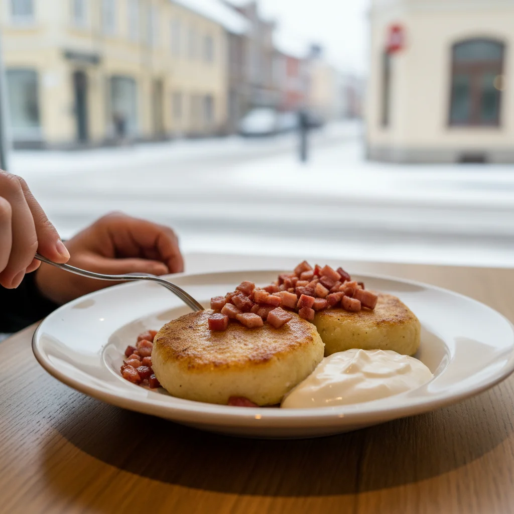 Litauische Cepelinai mit Speck und saurer Sahne auf einem Teller