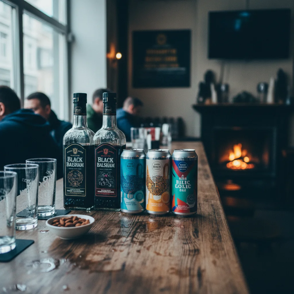 Riga Black Balsam und baltisches Craft Beer auf einem Tresen