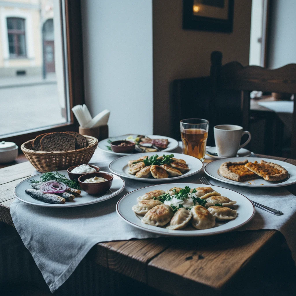 Lettische Spezialitäten auf einem gedeckten Tisch in Riga