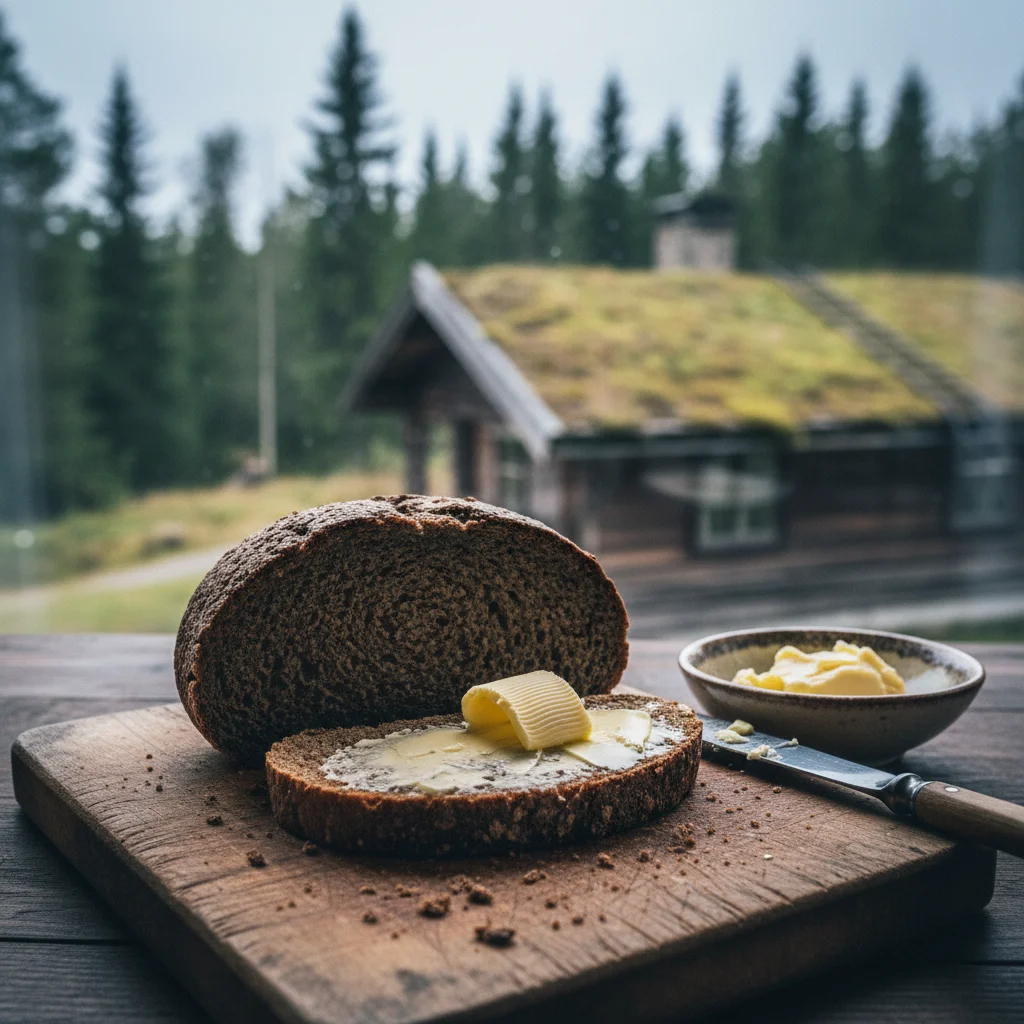 Dunkles baltisches Schwarzbrot auf einem Holzbrett mit Butter