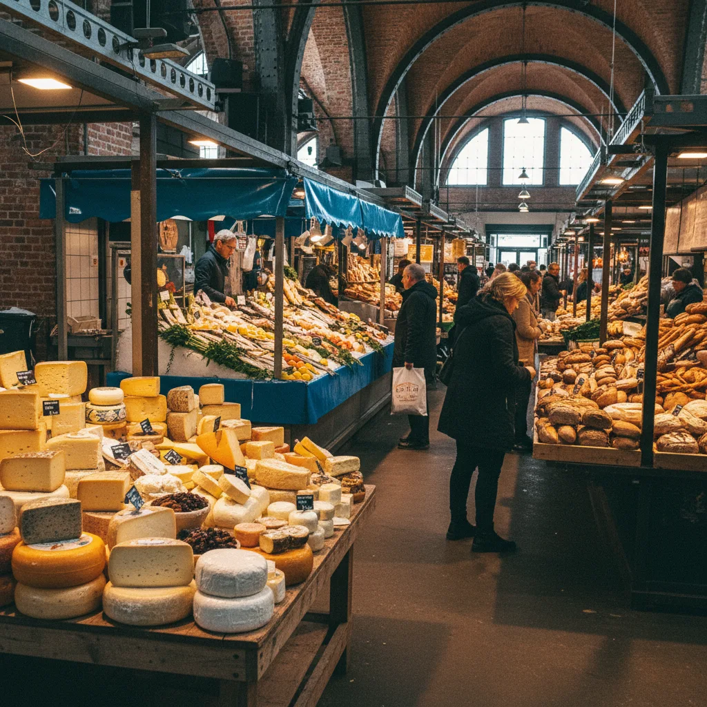 Stände im Zentralmarkt von Riga mit Käse, Fisch und Brot