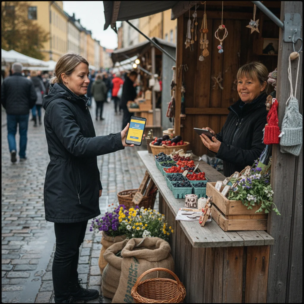 Person bezahlt mit Swish auf dem Smartphone an einem Marktstand