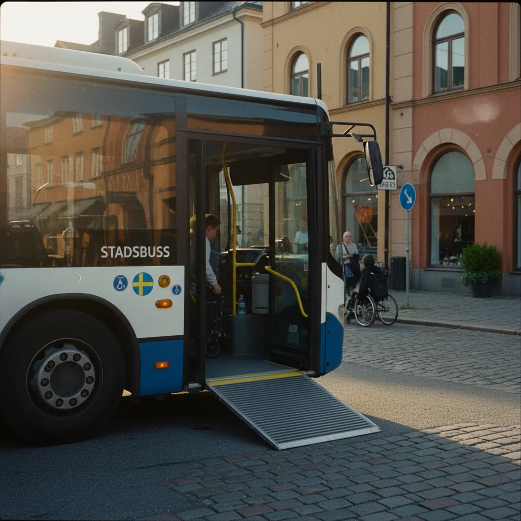 Schwedischer Stadtbus mit ausgeklappter Rampe für Rollstuhlfahrer