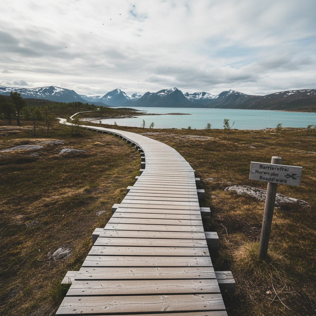 Barrierefreier Holzsteg durch norwegische Naturlandschaft