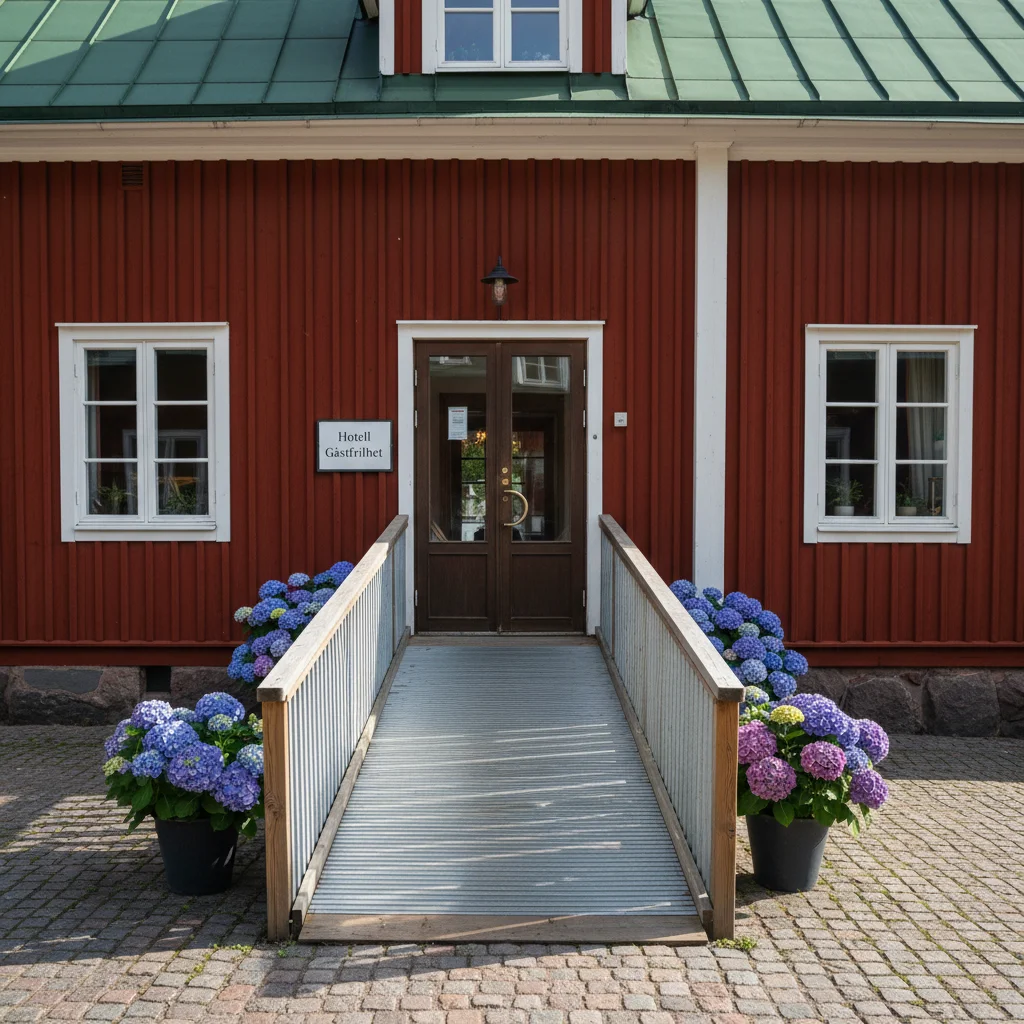 Rollstuhlrampe am Eingang eines schwedischen Hotels